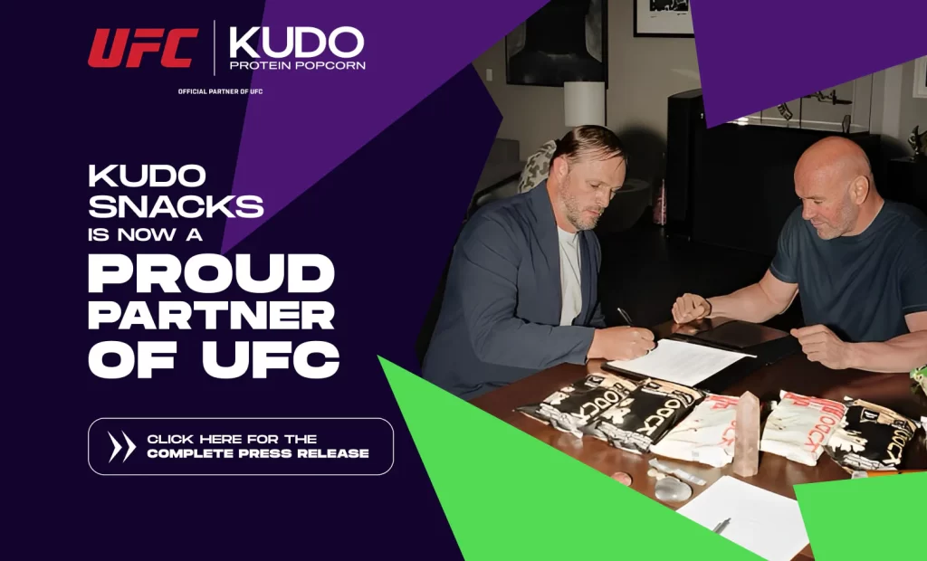protein popcorn-picture of UFC and Kudo Protein Popcorn representatives signing advertising agreement